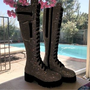 New Dolls Kill x Club Exx Gunmetal Rhinestone combat Boots